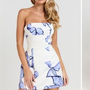 Showpo Strapless Floral Dress in White and Purple